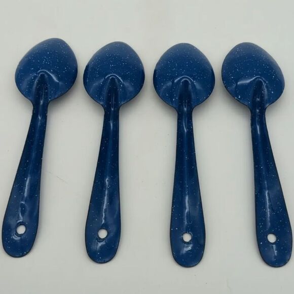 Unbraded Other - Vintage White And Blue Speckled Enamelware Spoons Four Piece
